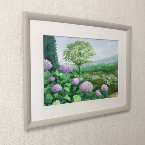 紫陽花の咲く公園」透明水彩画 原画 風景画 額縁付 F4サイズ 絵画 Oni